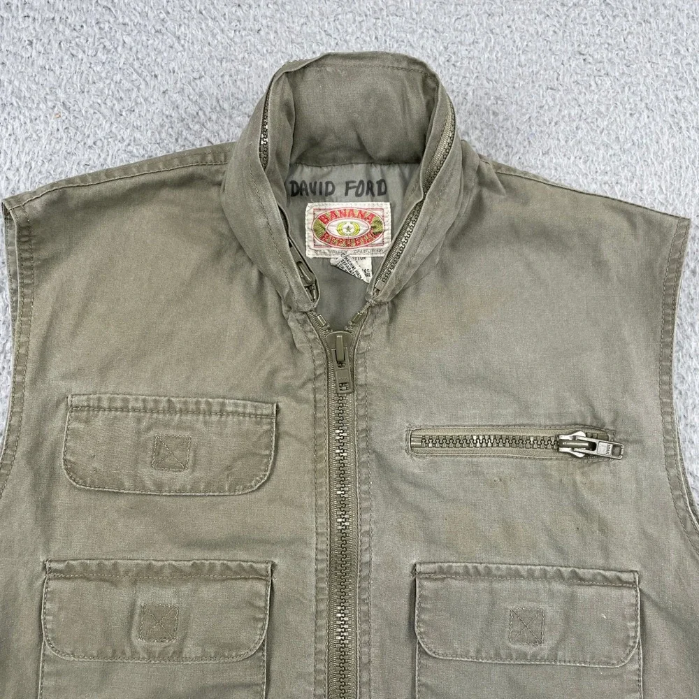Banana Republic Vest Mens Small Green Safari Mill Valley Utility Hooded Vintage